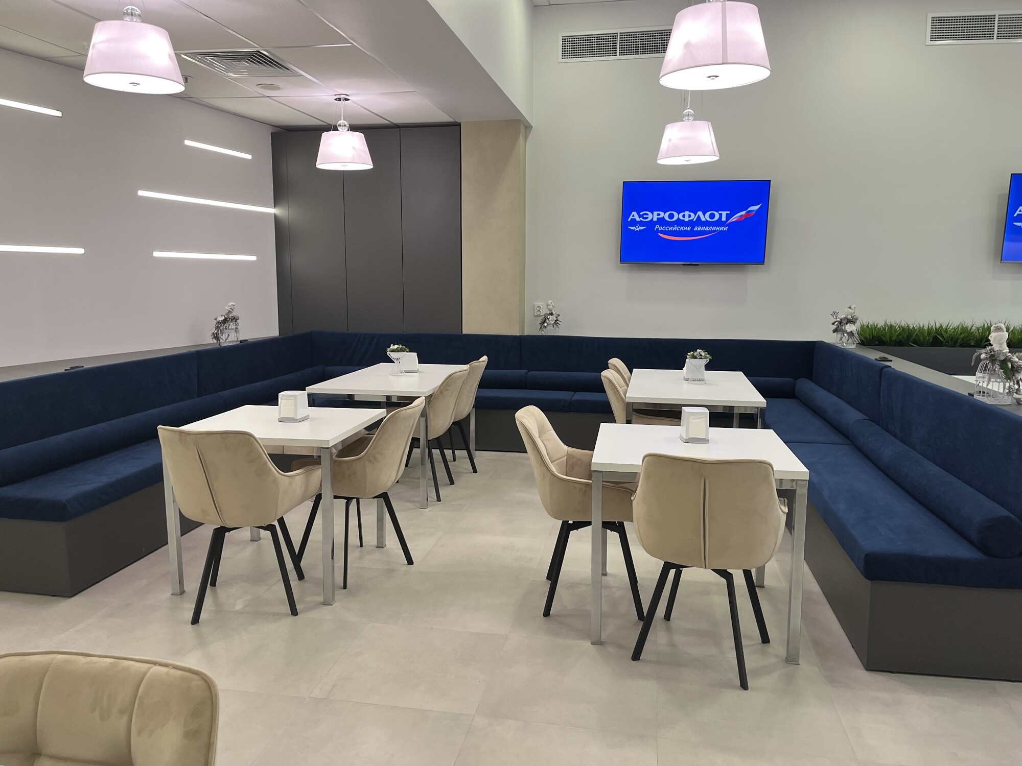 VIP-зал ресторана Аэрофлота с синей мягкой зоной